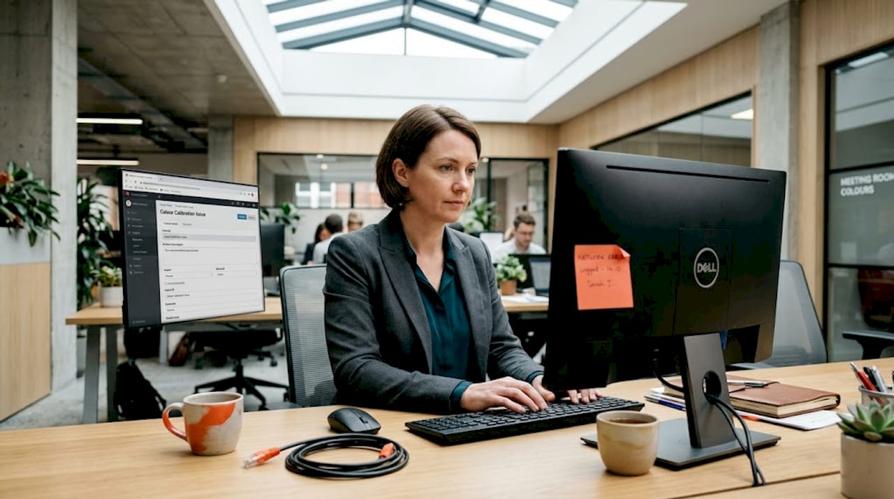 Woman entering IT device workflow request