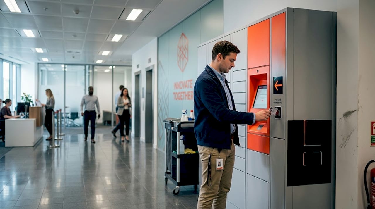 Employee retrieving laptop from digital locker