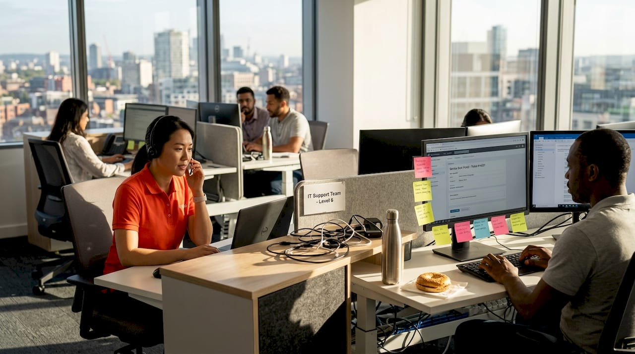 IT support team in busy office workspace