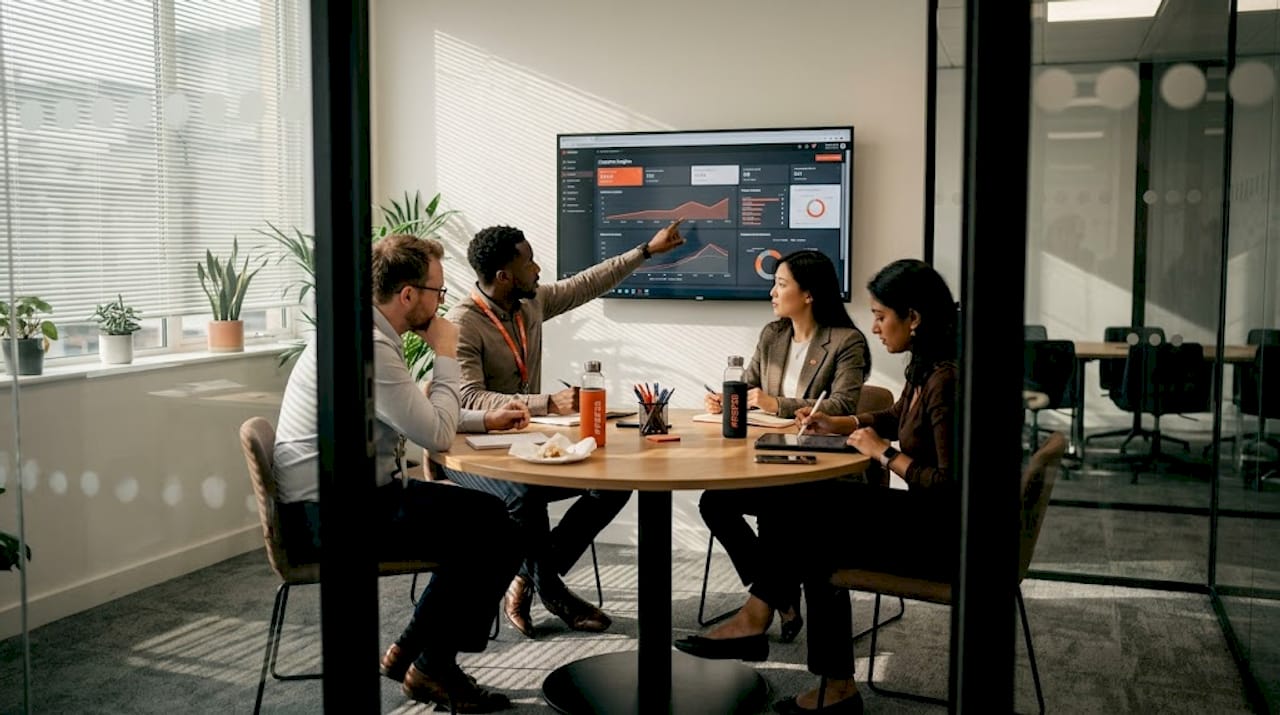 Team reviews privacy analytics dashboard in meeting room