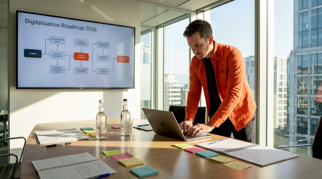 Project manager working on digital roadmap in office