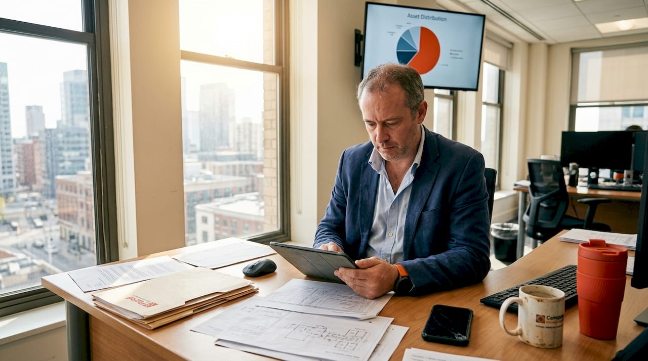 IT manager inspecting asset logs on tablet