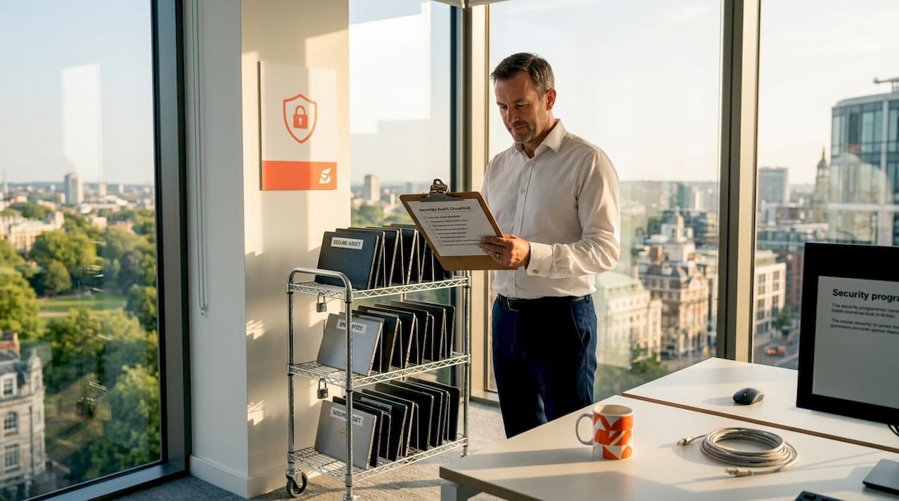 IT manager checks secure laptop storage rack