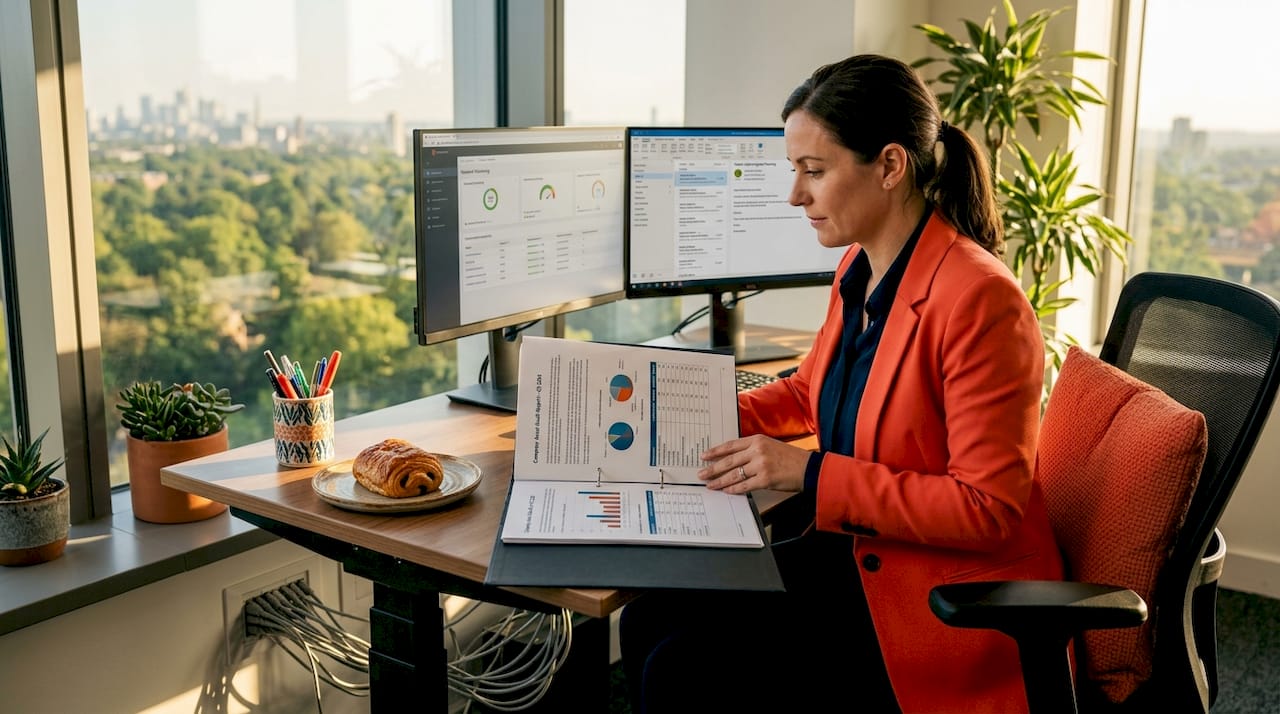 IT manager reviewing audit report in office