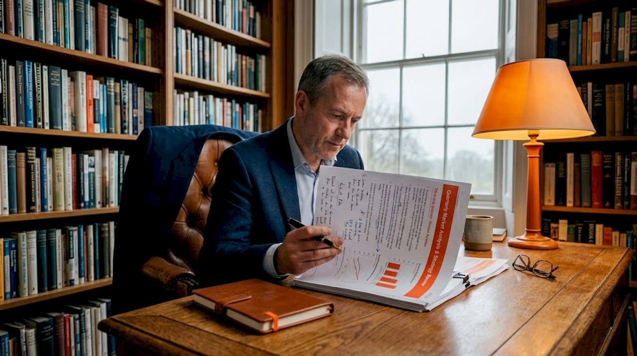 Asset manager reviewing paper and digital reports
