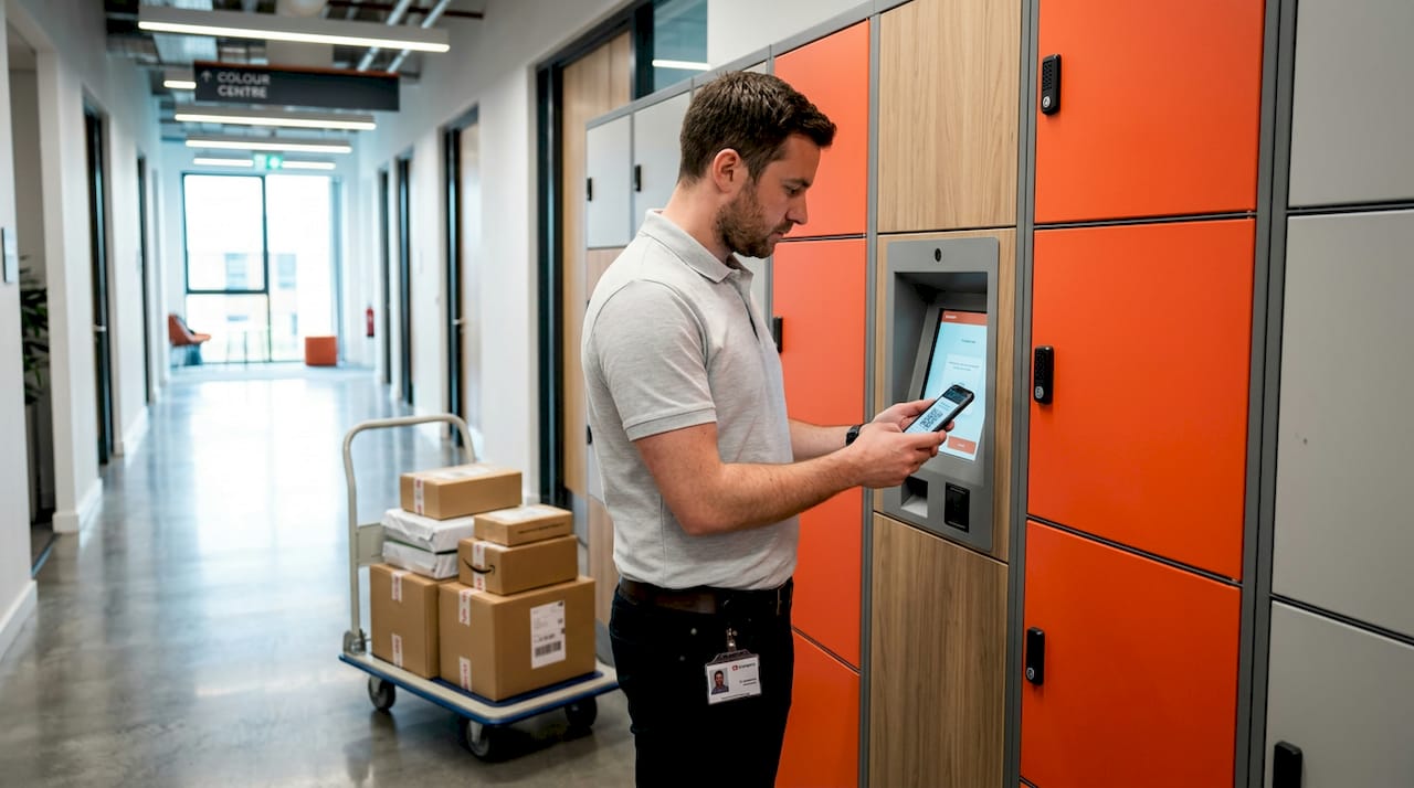 Technician scanning QR code at office smart locker
