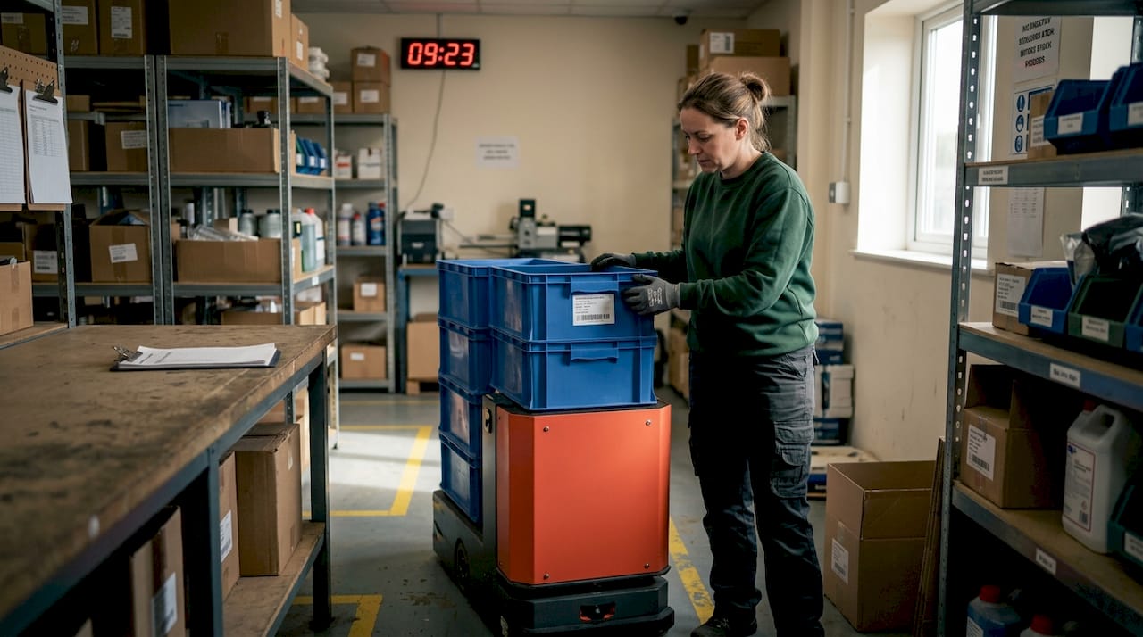 Worker monitoring automated vehicle in warehouse