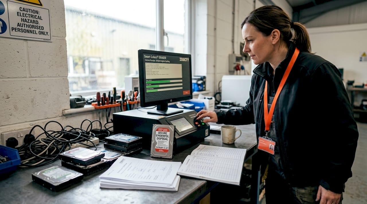 Technician destroying hard drive data securely