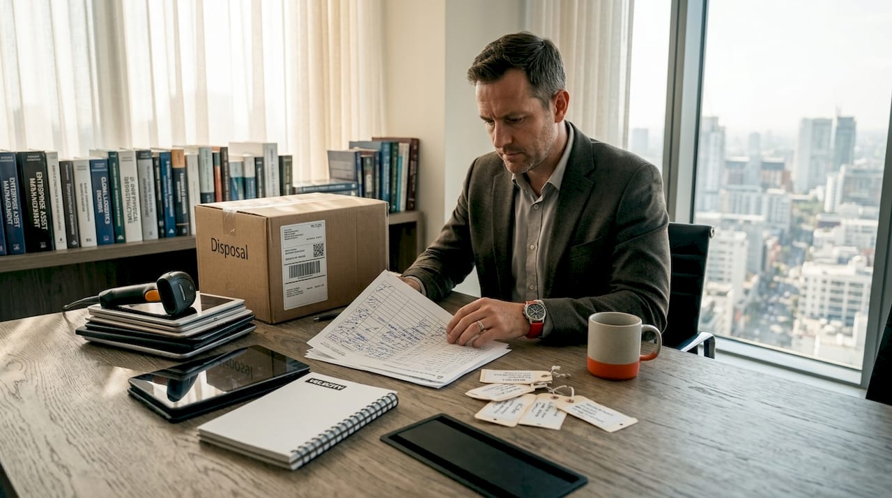 IT manager reviewing asset disposal checklist