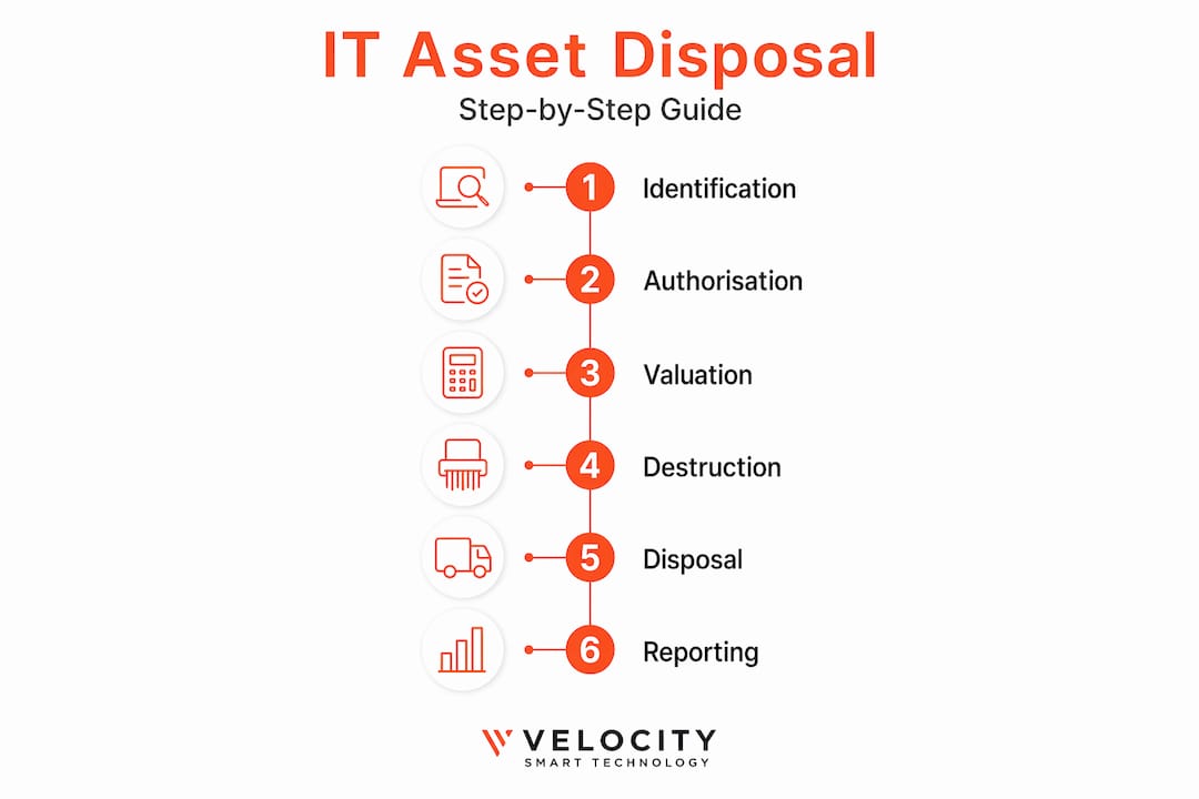 Infographic showing IT asset disposal steps flow