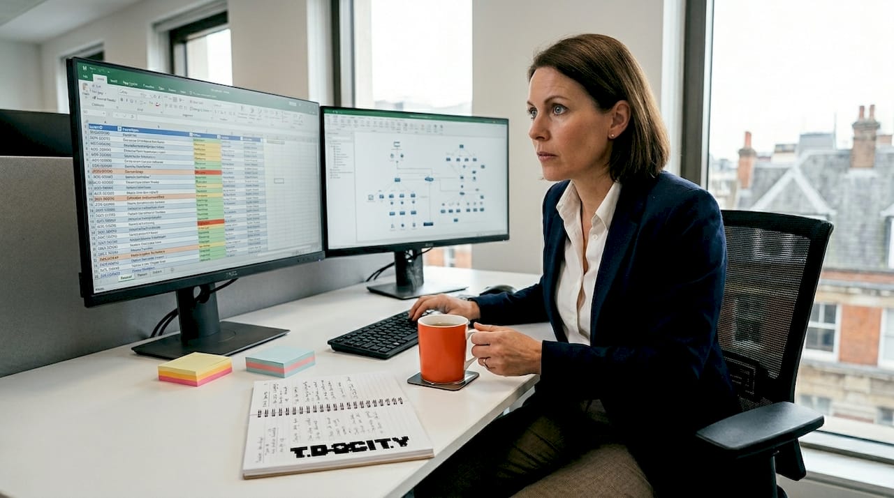 IT manager reviewing asset inventory in corner office