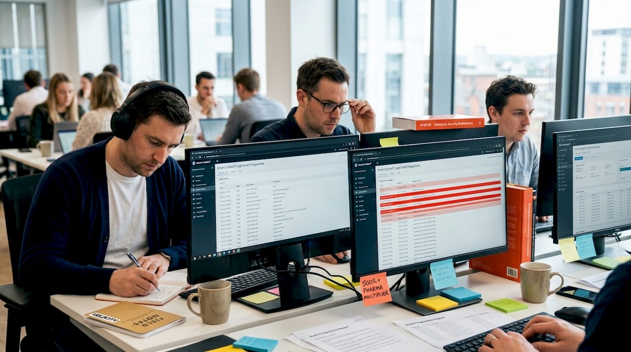 IT analysts monitoring asset security dashboards