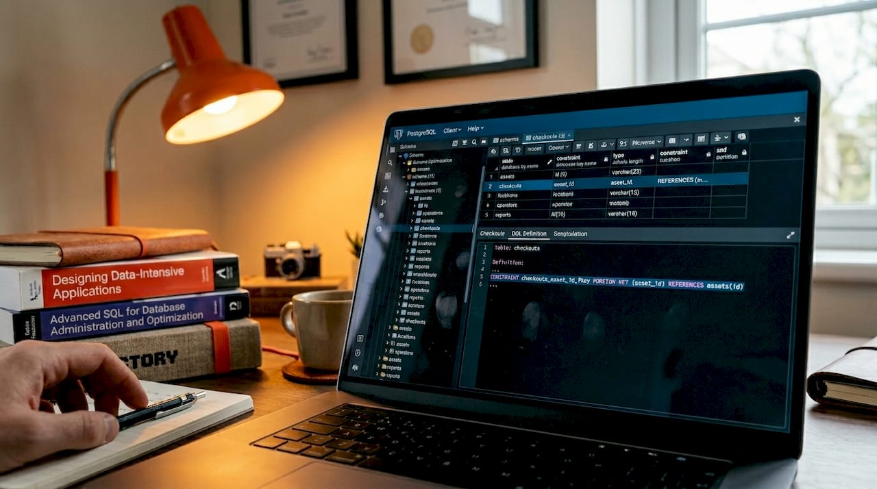 Close-up of asset tracking database schema on laptop