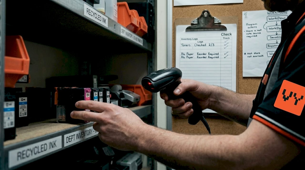 Hands scanning IT consumable barcode labels