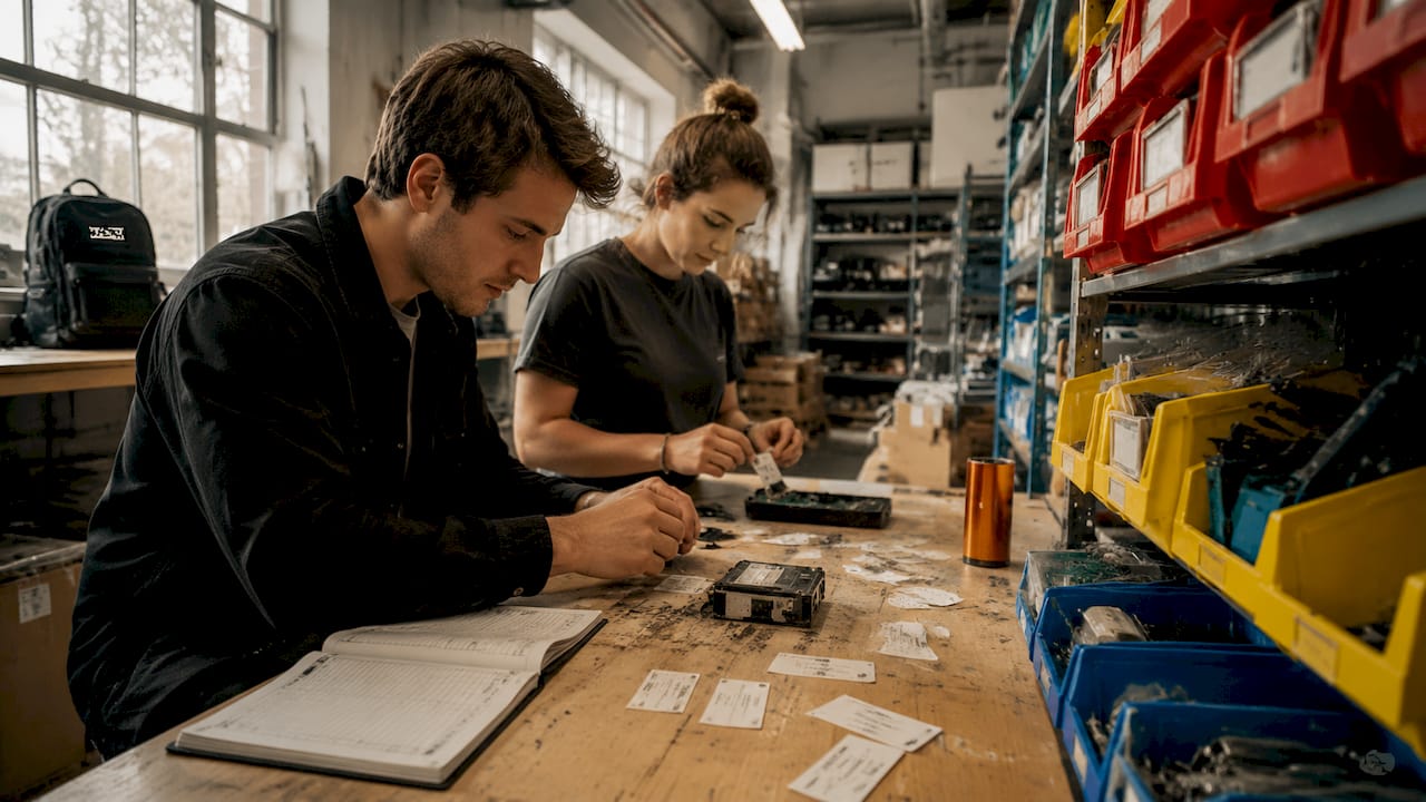Hands sorting IT hardware inventory labels