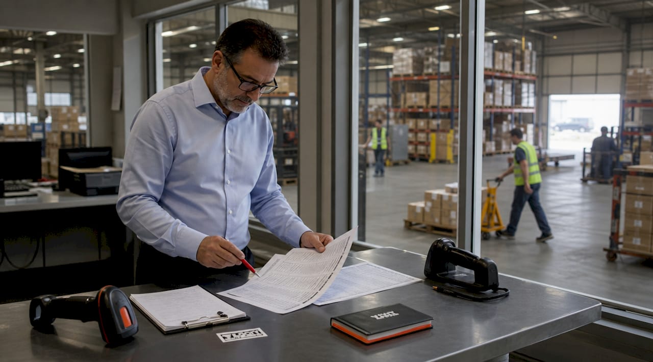 Warehouse manager reviewing inventory reports