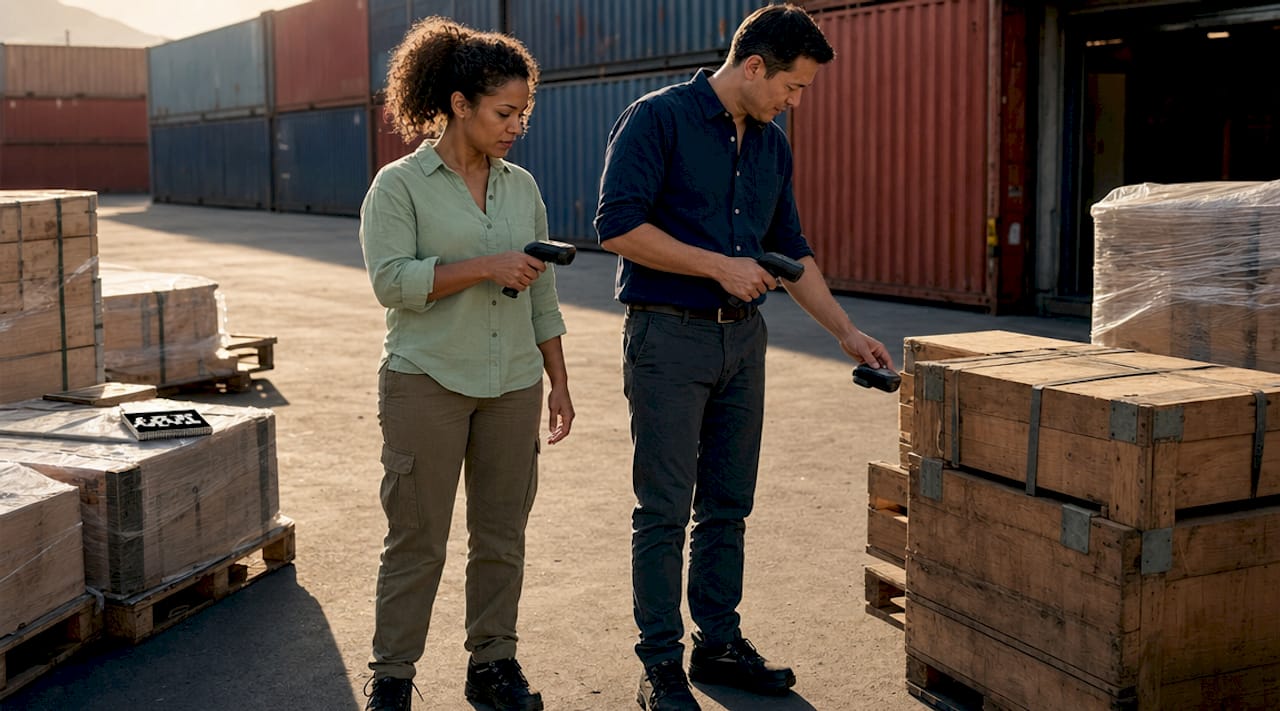 Two professionals scanning warehouse inventory