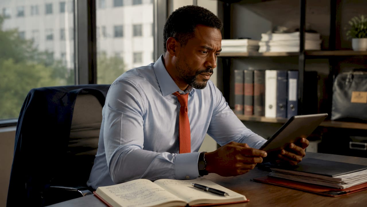 Compliance officer using tablet at office desk