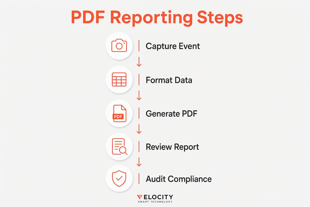 Infographic showing PDF reporting process in asset tracking