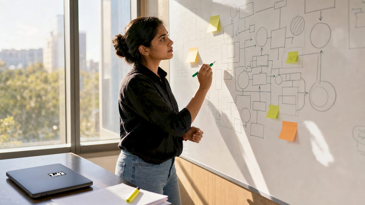 Hands annotating Integration Hub architecture diagram