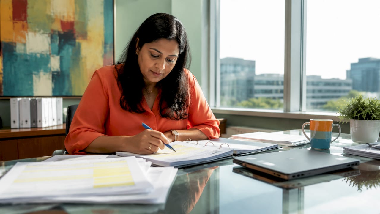 Woman reviewing pharmaceutical IT compliance documents