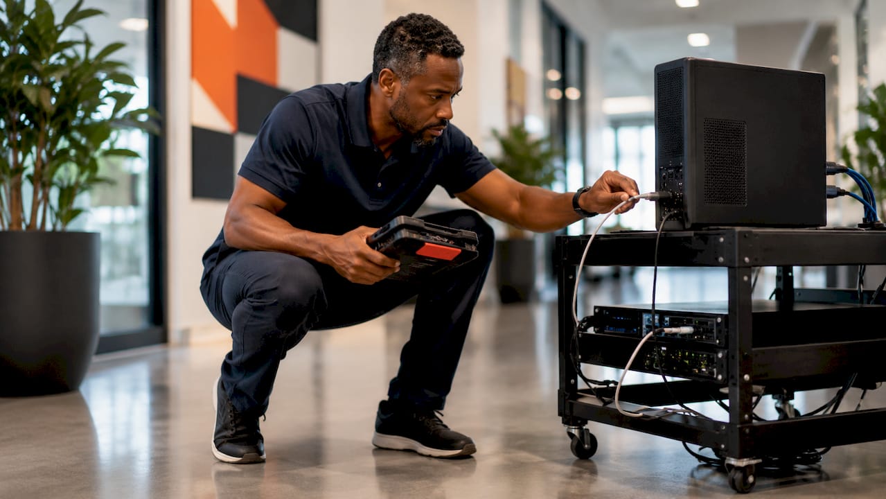 Field IT engineer fixing office hardware