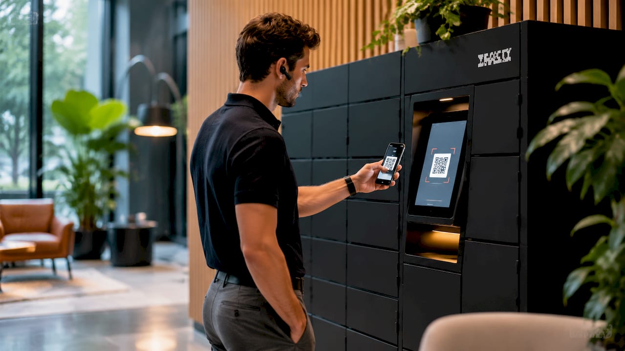 Hands interacting with smart locker touchscreen