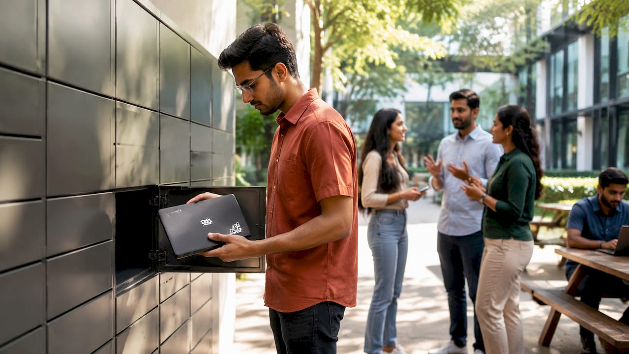 Young man collecting device from smart locker