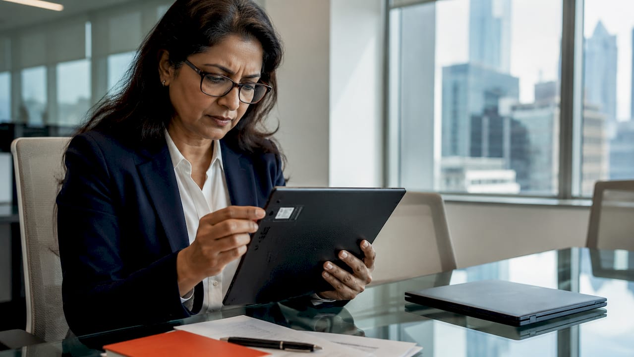IT compliance officer inspecting device