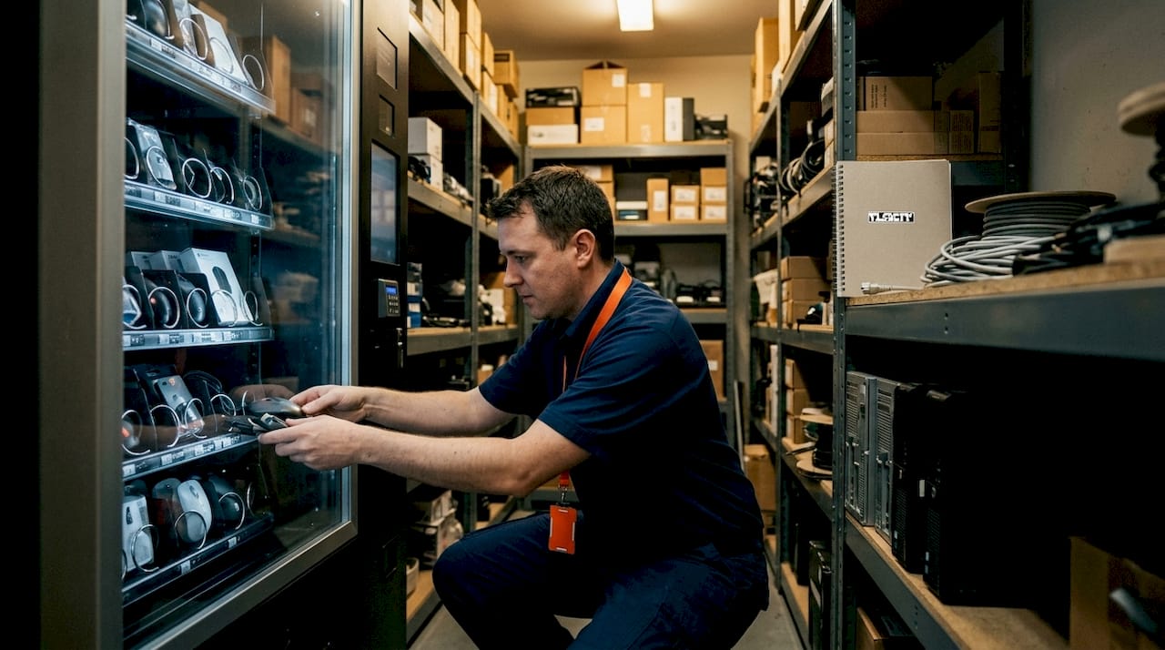 Technician stocking smart vending machine with devices