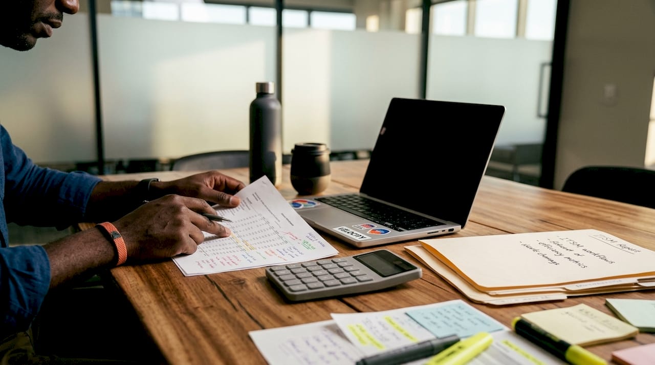Hands analyzing ITSM automation benefits on desk