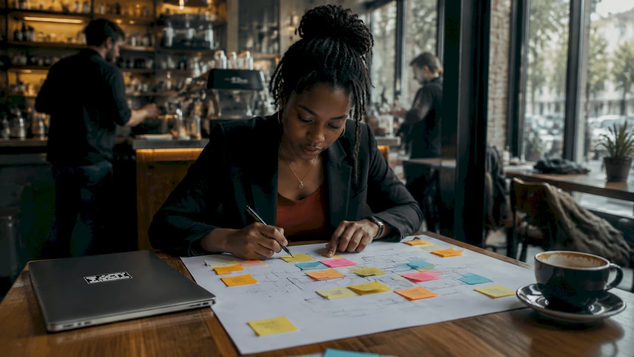 Hands planning AI IT architecture with sticky notes
