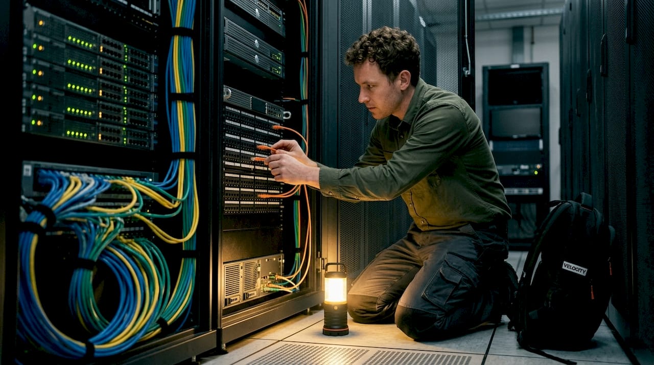Engineer connecting network cable in data center
