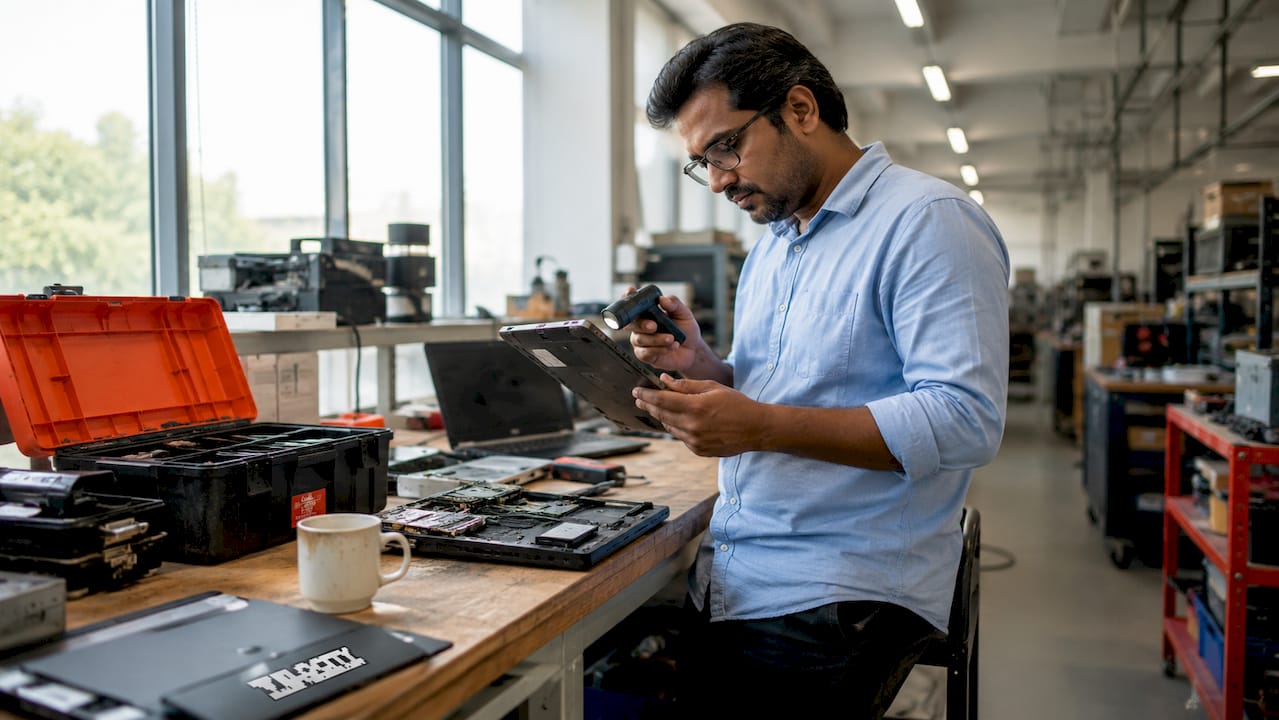 IT technician scanning laptop barcode for swap automation