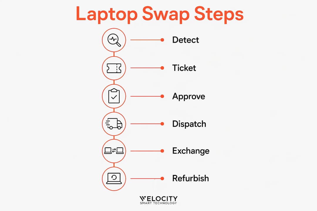 Infographic showing automated laptop swap workflow stages