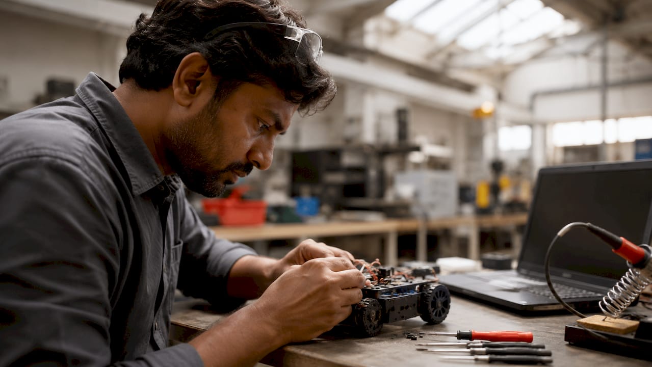 IT technician assembling robot for IT support