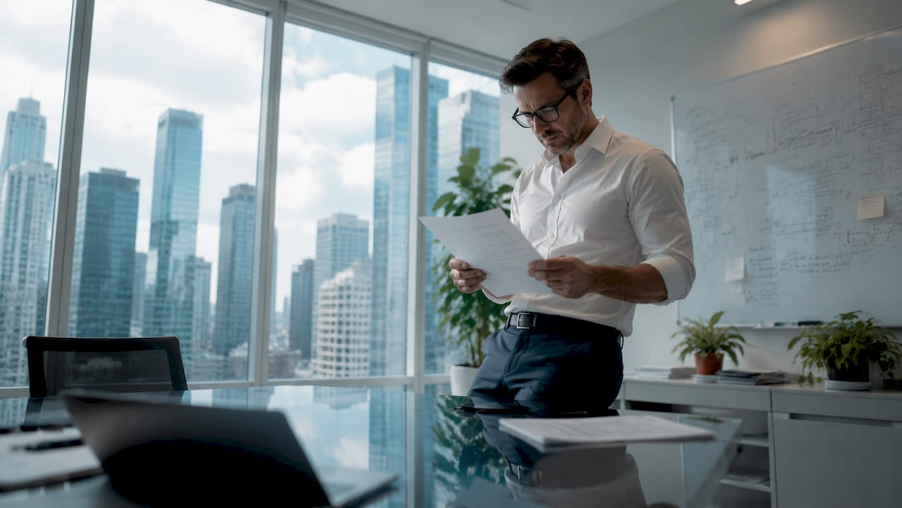 IT compliance professional reviewing printed documents