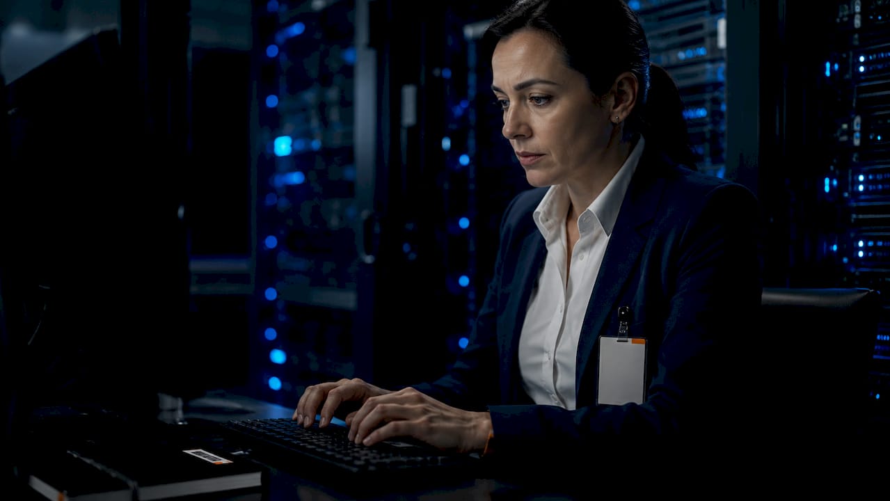 Hands typing on keyboard in server room