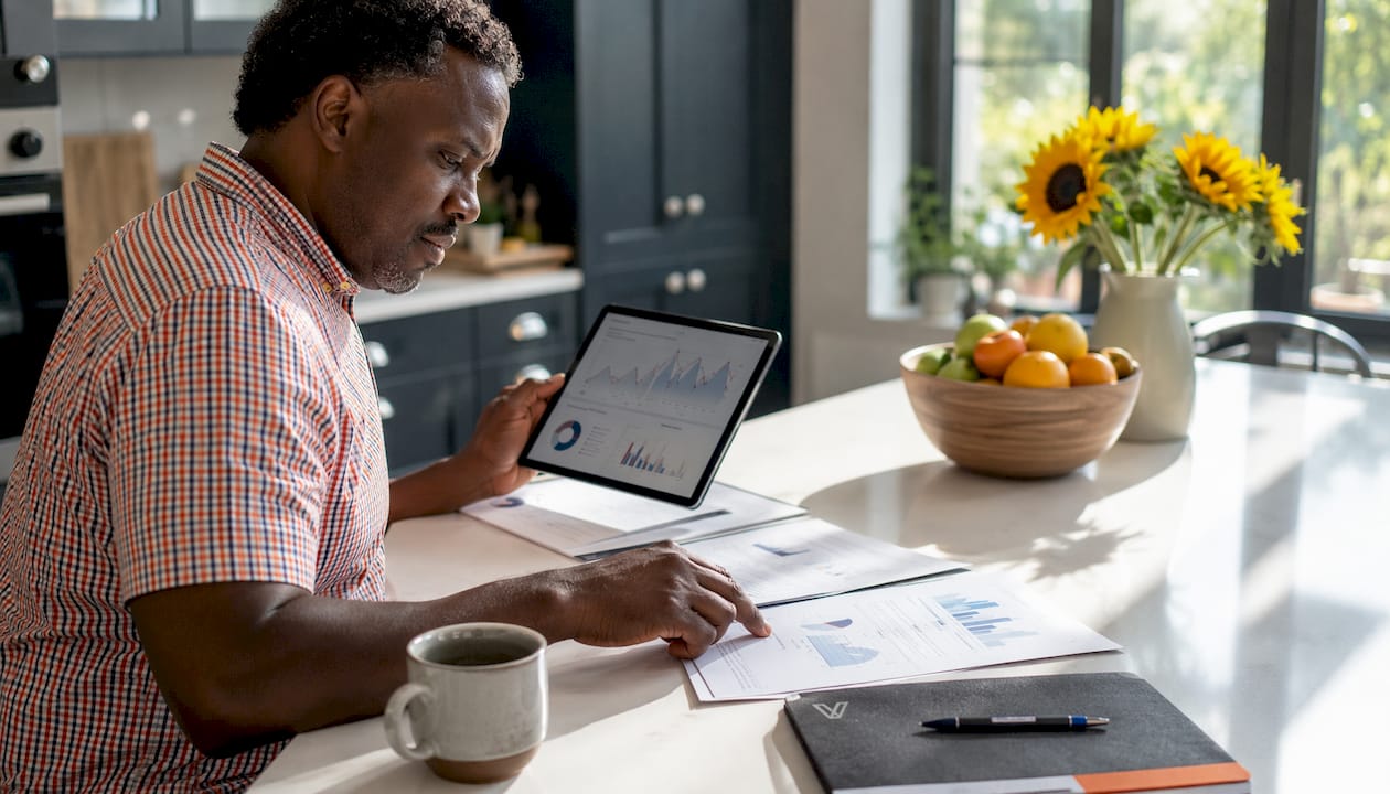 IT leader reviewing AI market growth charts at home