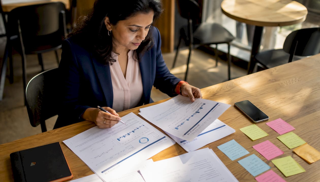 Professional woman reviewing AI service forecast documents