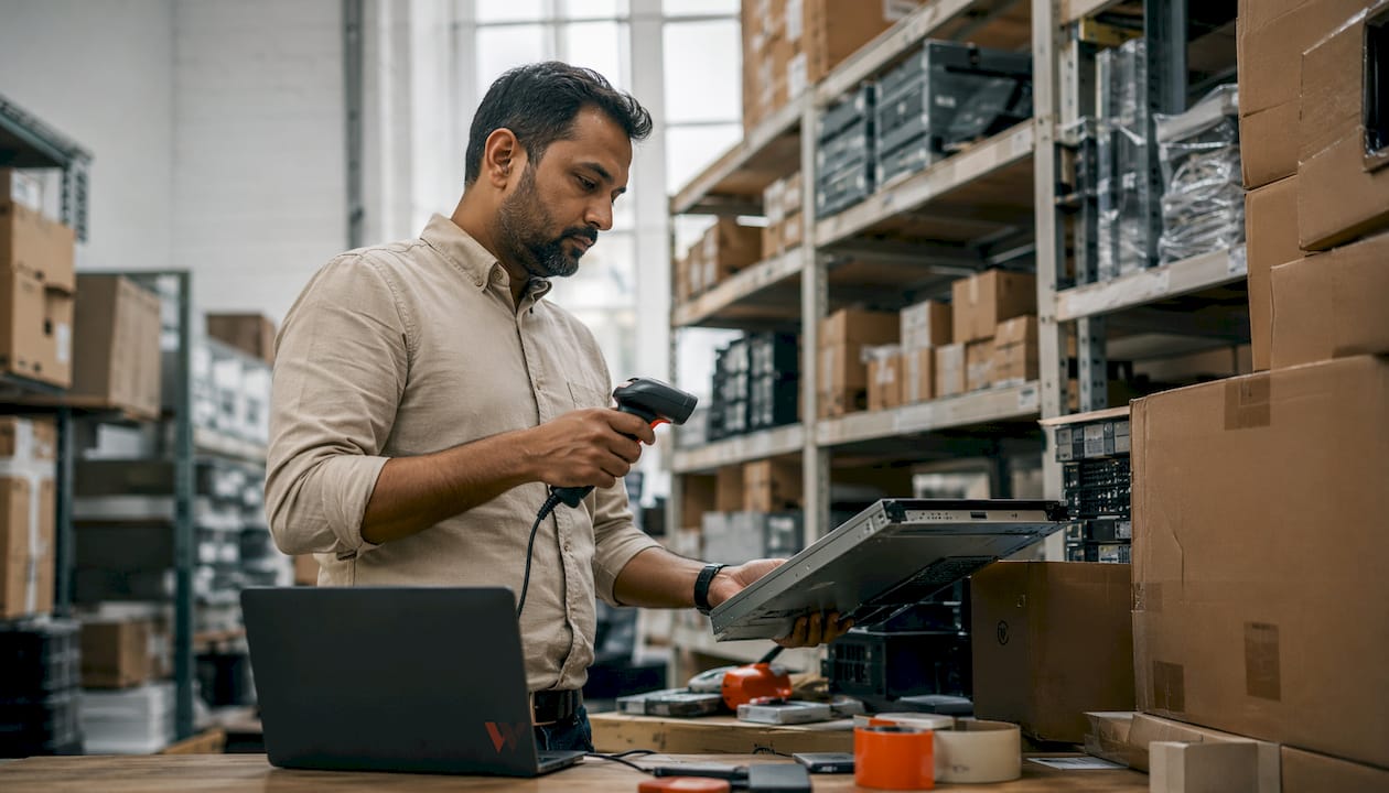IT specialist scanning hardware in fulfillment room