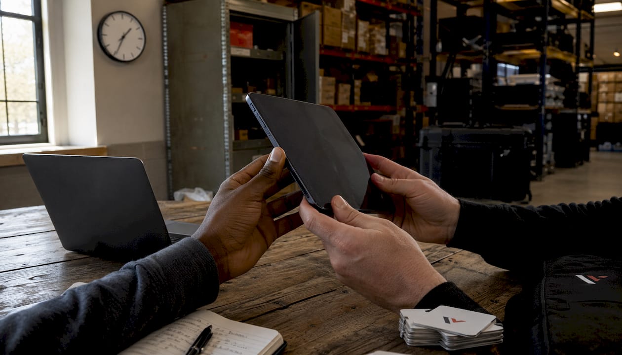Hands holding tablet over office desk with asset tags