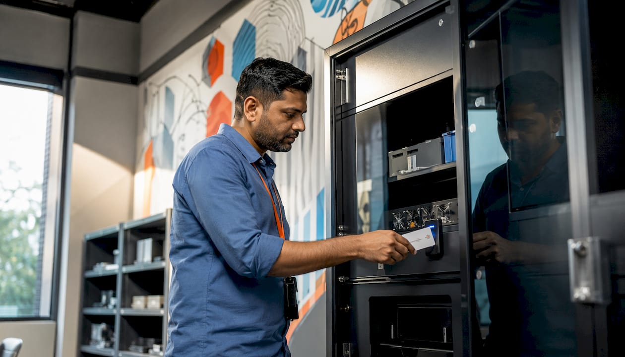 IT technician accessing smart locker for device support