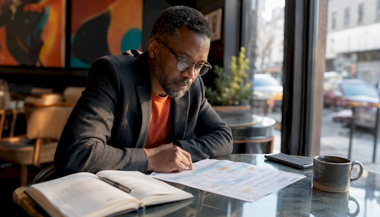 CIO reviewing procurement report at desk