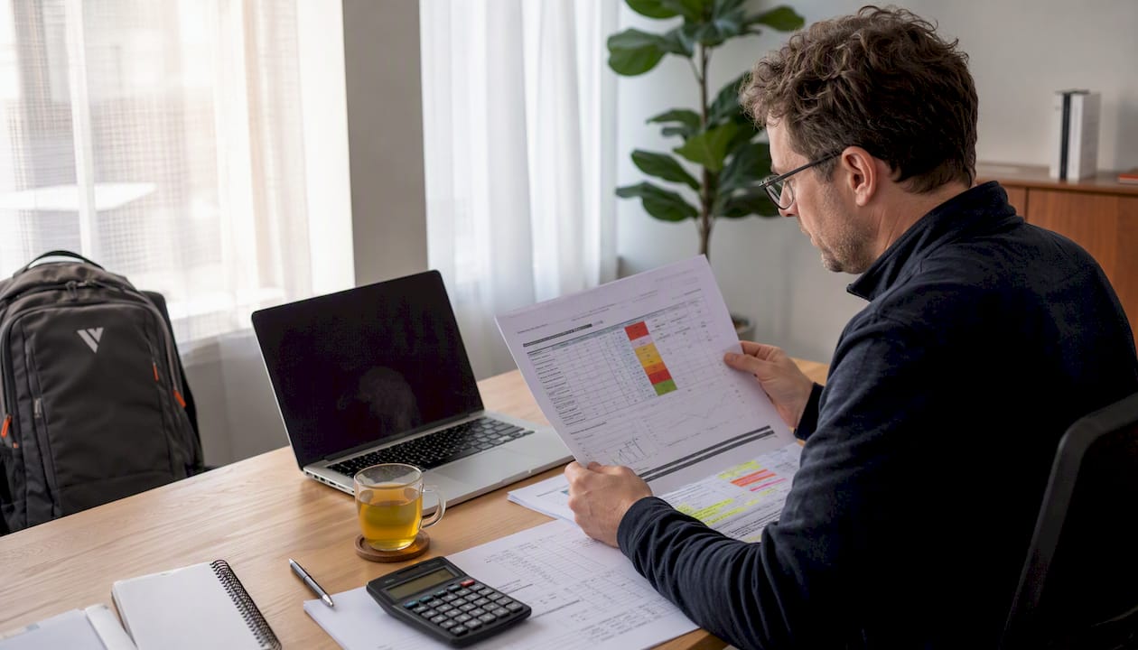 Overhead desk of financial analyst with IT asset charts