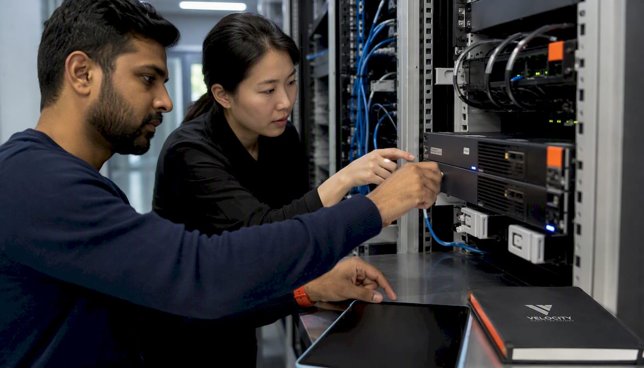 Hands pointing to IT asset labels in server room