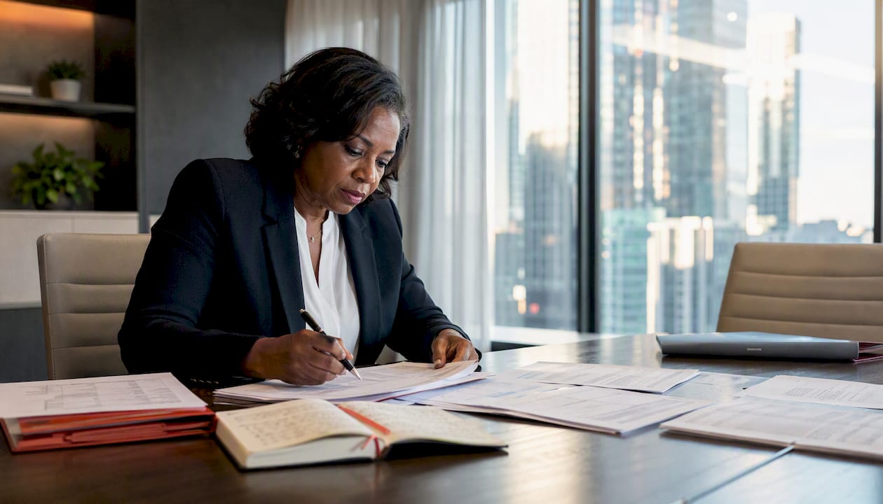 IT manager reviewing IT asset reports at desk