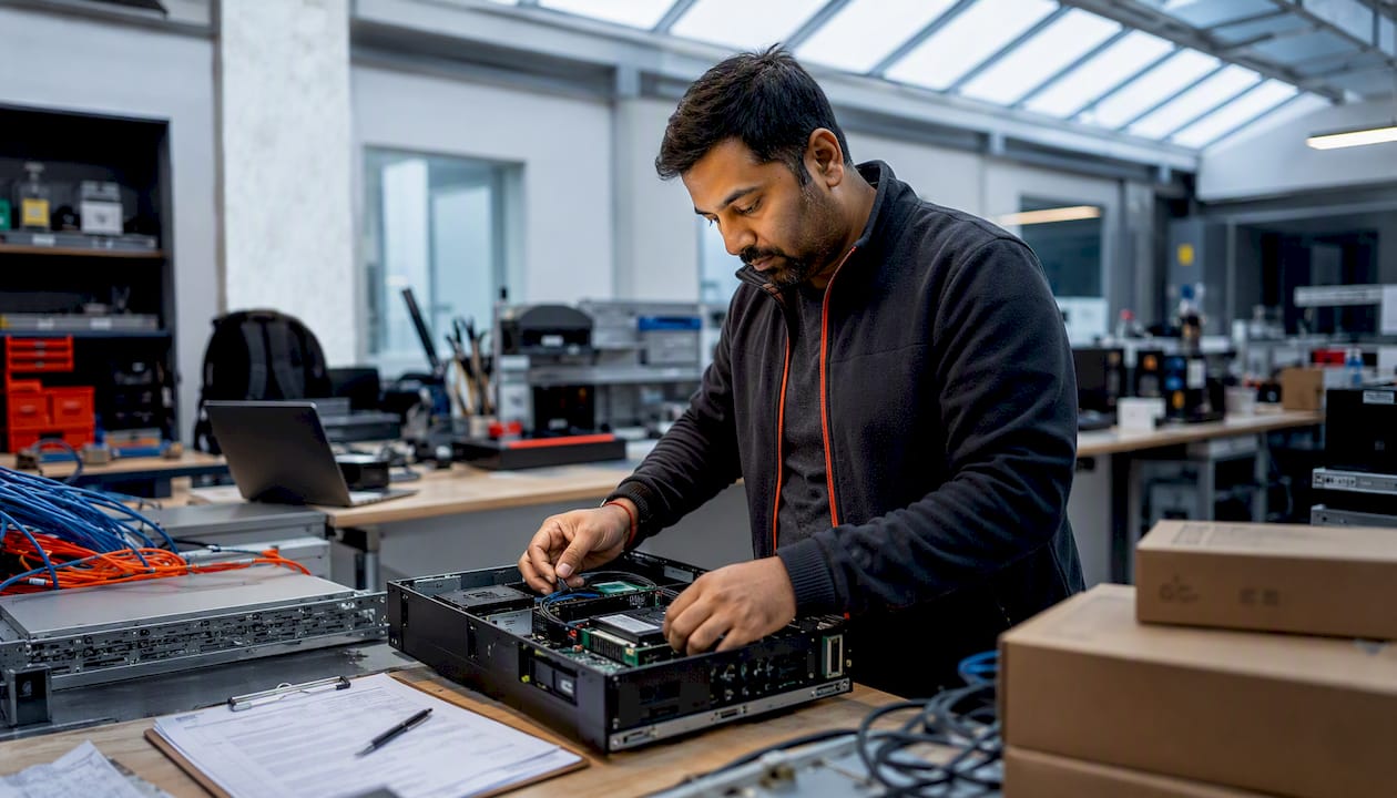 IT technician configuring onboarding devices in office