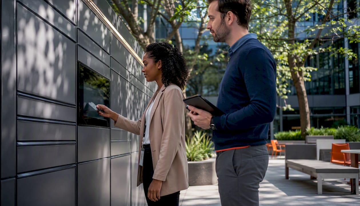 IT team using smart lockers in office corridor