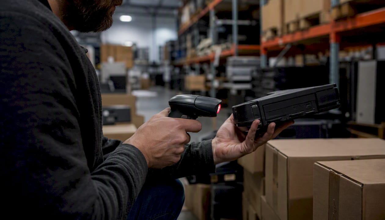 Hands scanning IT device barcode in storage room